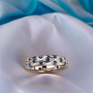 Sterling Silver Men&#39;s Sapphire Wedding Band, Chunky Pave Design Eternity Ring, Stackable Band