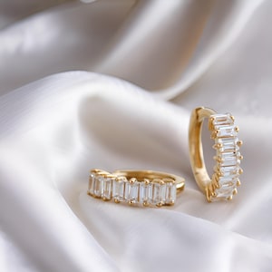 Baguette CZ Diamond Huggie Hoops Minimalist Cartilage Hoop Earrings Elegant Diamond Studded Hoops, mother's day gifts, Gift For Mom
