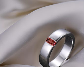 Men&#39;s Retro Garnet Wedding Band, 925 Sterling Silver Ring, Baguette-Cut Garnet Ring, Timeless Gift for Him, Black Friday Sale, Handmade Ring