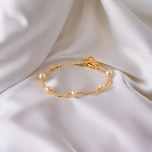 Sterling Sterling Dainty Pearl Beaded Bracelet, Elegant Charm Jewelry, mother&#39;s day gifts, Gift For Mom