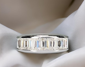baguette cut men&#39;s diamond wedding band, gift for him, black friday, thanks giving, cyber Monday, sterling silver men&#39;s ring, handmade ring