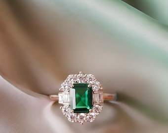 Sterling Silver Art Deco Emerald Halo Ring: Vintage-Inspired Engagement Ring