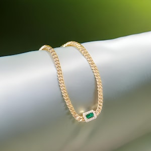 Sterling Silver Cuban Chain Emerald Bracelet with CZ Diamond Halo – May Birthstone Gemstone Jewelry, mother&#39;s day gifts, Gift For Mom