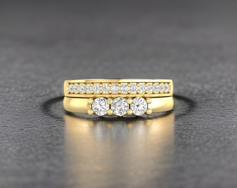 Moissanite Diamond Sterling Silver Ring Set Three Stone Engagement Band