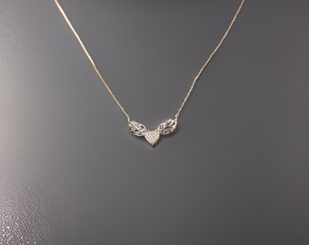 Sterling Silver CZ Angel Wings Heart Pendant Necklace - 18 Inch