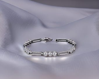 Dainty Sterling Silver Paperclip Bracelet: CZ Diamond Minimalist Design