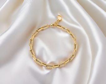 Sterling Silver Paperclip Chain Bracelet: Dainty CZ Diamond Accents