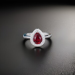 925 Sterling Silver Pear Cut Ruby Ring, Diamond Halo, July Birthstone, Engagement Ring, Stackable Ring, Bridal Jewelry, Promise Ring for Her