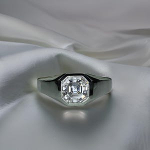 Sterling Silver Men&#39;s Asscher Cut Solitaire Wedding Band, Solid Bezel Set Ring, Men&#39;s Engagement Ring