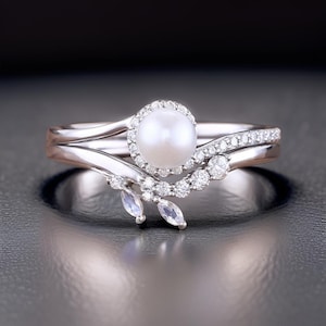 925 Sterling Silver Pearl & Diamond Bridal Ring Set, Half Eternity Diamonds Leaf Design Ring, Curved Stacking Band
