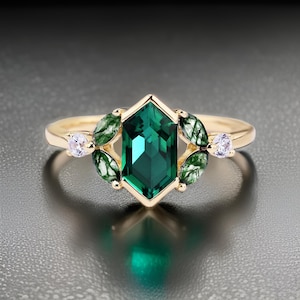 925 Sterling Silver Statement Long Hexagon-Cut Emerald Engagement Ring, May Birthstone Ring, Emerald Ring