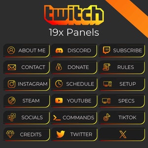 Könnte beinhalten: Ein Satz von 19 Twitch-Panels mit verschiedenen Symbolen und Text, darunter "Über mich", "Discord", "Abonnieren", "Kontakt", "Spenden", "Regeln", "Instagram", "Zeitplan", "Einrichtung", "Steam", "YouTube", "Spezifikationen", "Soziale Medien", "Befehle", "TikTok", "Credits", "Twitter" und "X". Die Panels sind schwarz mit gelben Umrissen und orangefarbenen Akzenten.