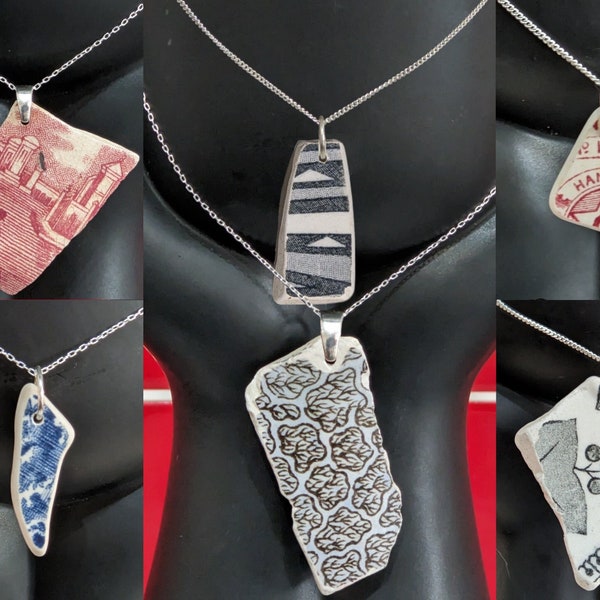 925 Sterling Sea Pottery Necklace made in UK / marked Italian silver Italy / Sustainable eco-friendly pendant ocean beach ceramic porcelain