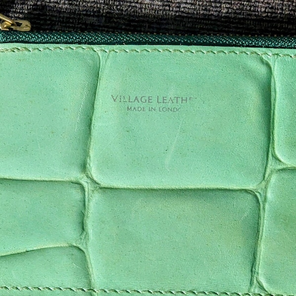 Village Leathers London silver stamped zip pouch purse bag, made in London, textured leather crocodile alligator mint green light sage retro