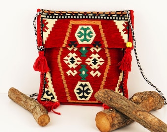 Traditional Turkish Kilim Pattern Cross Body Bag, Hippie Style Messenger Bag, Vintage Shoulder Bag, Embroidered Crossbody Bag For Women