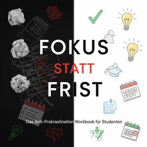 May include: A graphic design with a black and white split background. The text "FOKUS STATT FRIST" is in large white letters, with "STATT" in red. The image includes crumpled paper, calendars, light bulbs, and checkmarks. The text "Das Anti-Prokrastination Workbook für Studenten" is at the bottom.