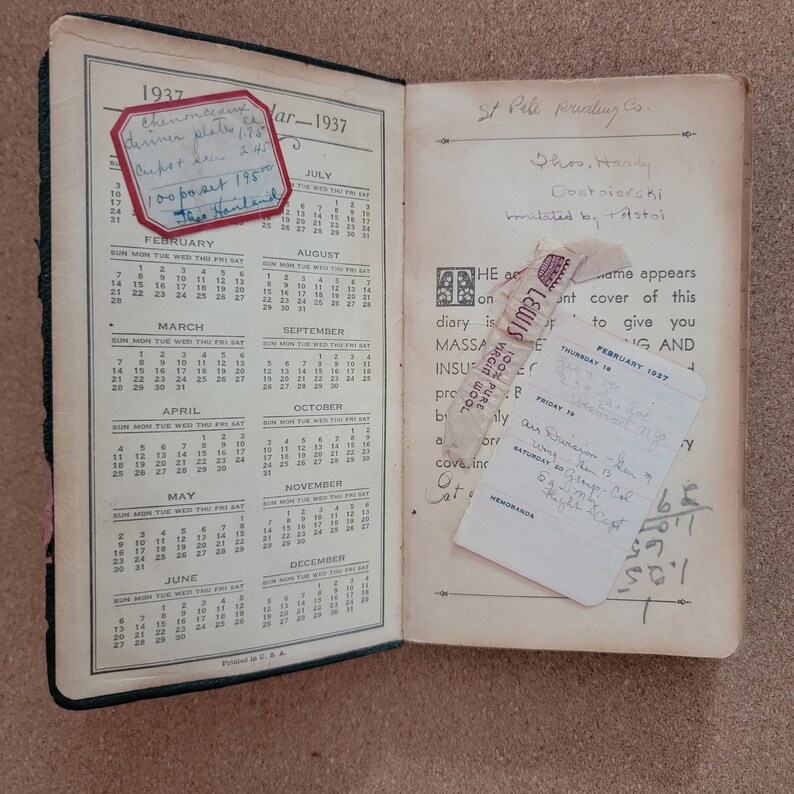 1937 Handwritten Diary Ephemera Art Vintage Paper Mixed Media Junk