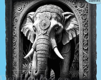 3D Elephant Laser Engraving PNG File: Slate & Wood Coaster Design (Digital Download)