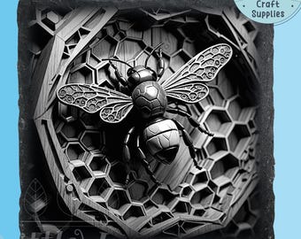3D Honeybee Laser Engraving PNG File, Slate Coaster (Digital File)