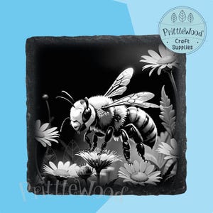 May include: Black and white illustration of a bee landing on a flower. The bee has a detailed design and is in focus. The flower is out of focus in the background.