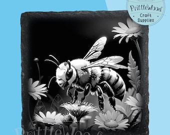 May include: Black and white illustration of a bee landing on a flower. The bee has a detailed design and is in focus. The flower is out of focus in the background.