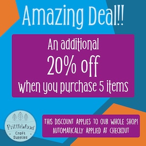 May include: A purple and blue graphic with the text "Amazing Deal!! An additional 20% off when you purchase 5 items". The text is white. Below the graphic is a logo for Prittle Wood Craft Supplies. The text below the logo says "THIS DISCOUNT APPLIES TO OUR WHOLE SHOP! AUTOMATICALLY APPLIED AT CHECKOUT."