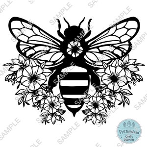 May include: Black and white bee design with floral accents. The bee has detailed wings and a striped abdomen, surrounded by flowers and leaves. The image includes the text "SAMPLE" and the logo for PrittleWood Craft Supplies.