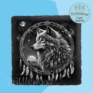 May include: Black and white illustration of a wolf's head inside a dreamcatcher with feathers. The background is a dark night sky with stars and a moon.