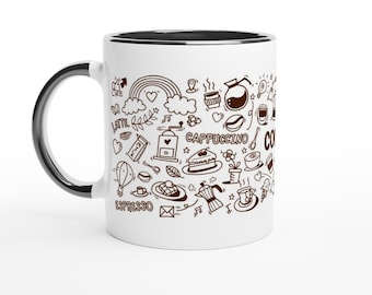 Funny Coffee Lover Gift: 11oz Mug with Cartoon Coffee & Sweet Treats - Espresso, Cappuccino