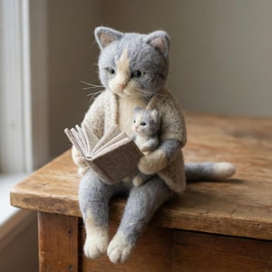 Ręcznie robiona figurka kota i kociaka z filcu igłowego, urocze filcowe zwierzątko, kotka z mamą i dzieckiem, prezent dla miłośników kotów, filcowa lalka kot, zabawka z filcu igłowego