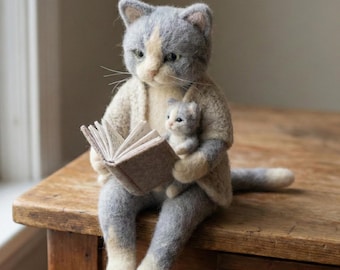 Handmade Needle Felted Cat & Kitten Figurine, Cute Felted Animal, Mother and Baby Cat, Gift for Cat Lovers, Felt Cat Doll, Needle Felted Toy