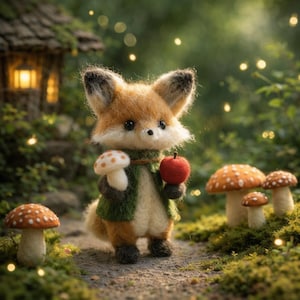 May include: A handcrafted fox figurine with orange and white fur, wearing a green vest and holding a red apple and a mushroom. The fox stands on a mossy path surrounded by mushrooms and a small house.