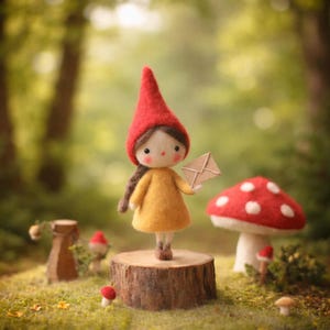 May include: A whimsical felt doll wearing a red hat and yellow dress, holding a small envelope. The doll stands on a wooden stump with a red and white mushroom nearby, set against a blurred forest backdrop.