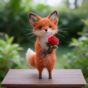 ニードルフェルトのキツネとバラ、ハンドメイドウールのバレンタインギフト