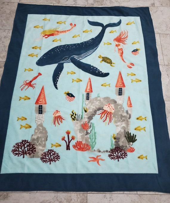 Mermaids in the deep sea with gold fish double layered fleece throw blanket