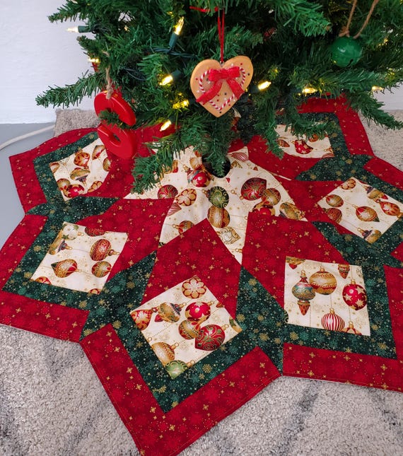 Gold accent antique ornamental quilted Christmas tree skirt