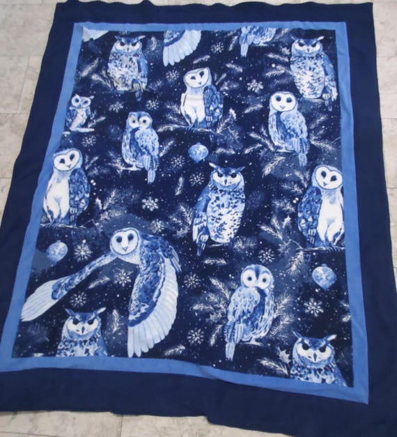 Blue Snow Owls double layered reversible fleece throw blanket
