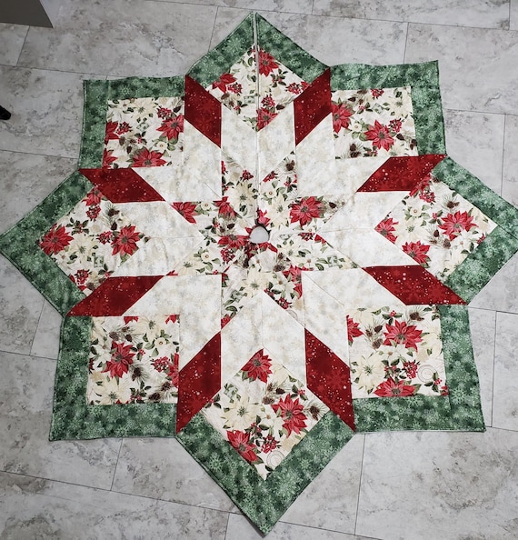 Beautiful large poinsettia and silver snowflakes quilted Christmas tree skirt