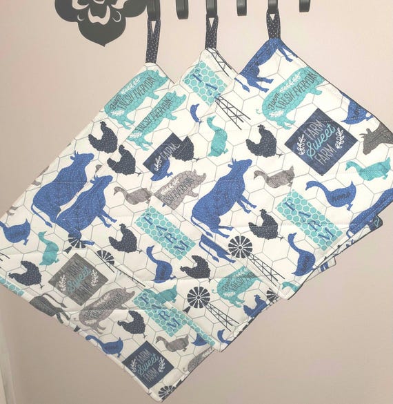 Set of three decorative Blue Farm Animals pot holders or hot pads