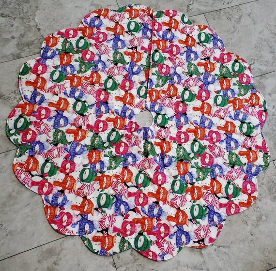 Quilted colorful packed snowmen Christmas tree skirt