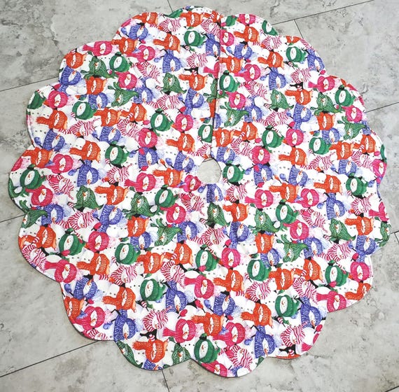 Quilted colorful packed snowmen Christmas tree skirt