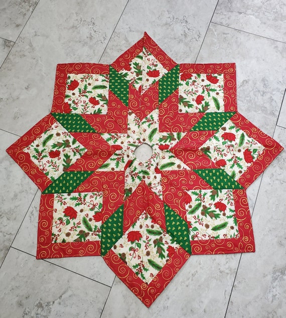 Bright colored metallic fabric poinsettia quilted Christmas tree skirt