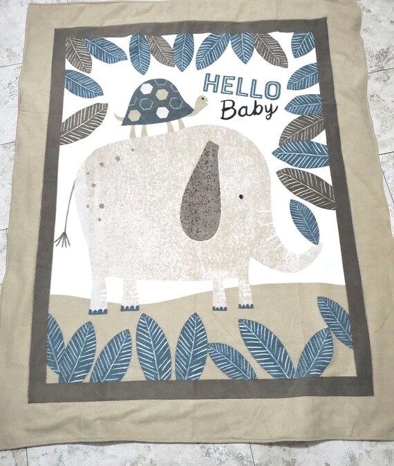 Gray and blue elephant double layered fleece throw blanket for baby.