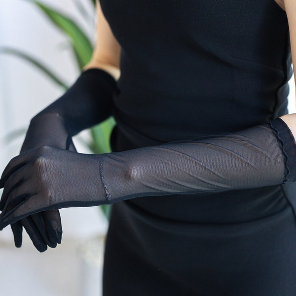 Black Opera Over Elbow Length Semi Sheer Gloves, Long Bridal Cosplay Costume Gloves Hen Party Outfit Hen Do Christmas Dress Tights Stretch
