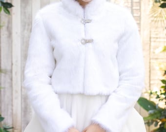 White Fur Jacket With A Fur Collar, Women's Winter Faux Fur, White Bridal Bolero, Wedding Shawl, Evening Wrap, Zircon Stone Dress Button