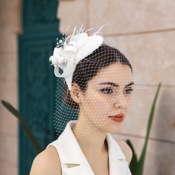 Elegant Bridal Hat with Matte Satin Fabric Birdcage Veil Pearl Beads Artificial Feathers, and Lace Embellishments, Wedding Birdcage Veil