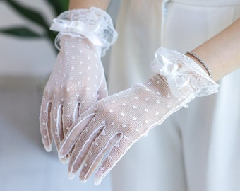 Delicate Ivory Satin Gloves with Shiny Pearl Attachment, White Formal Gloves, Wedding Bridal Gloves, Cocktail Party, Intricate Classy Gloves