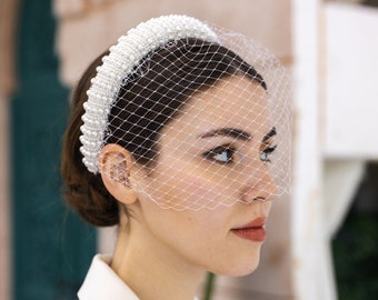 Bridal Headband Birdcage Veil with Small and Large Size Pearl Beads, Luxury Embroidered Wedding Tiara, Elegant Wedding Tiara with Thick Body