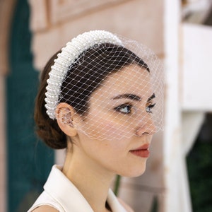 Bridal Headband Birdcage Veil with Small and Large Size Pearl Beads, Luxury Embroidered Wedding Tiara, Elegant Wedding Tiara with Thick Body