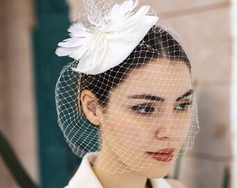 White Wedding Veil with Matte, Birdcage Tulle, Zircon Stones, Handcrafted Artificial Bird Feather and Bridal Headpiece, Bridal Hair Ornament